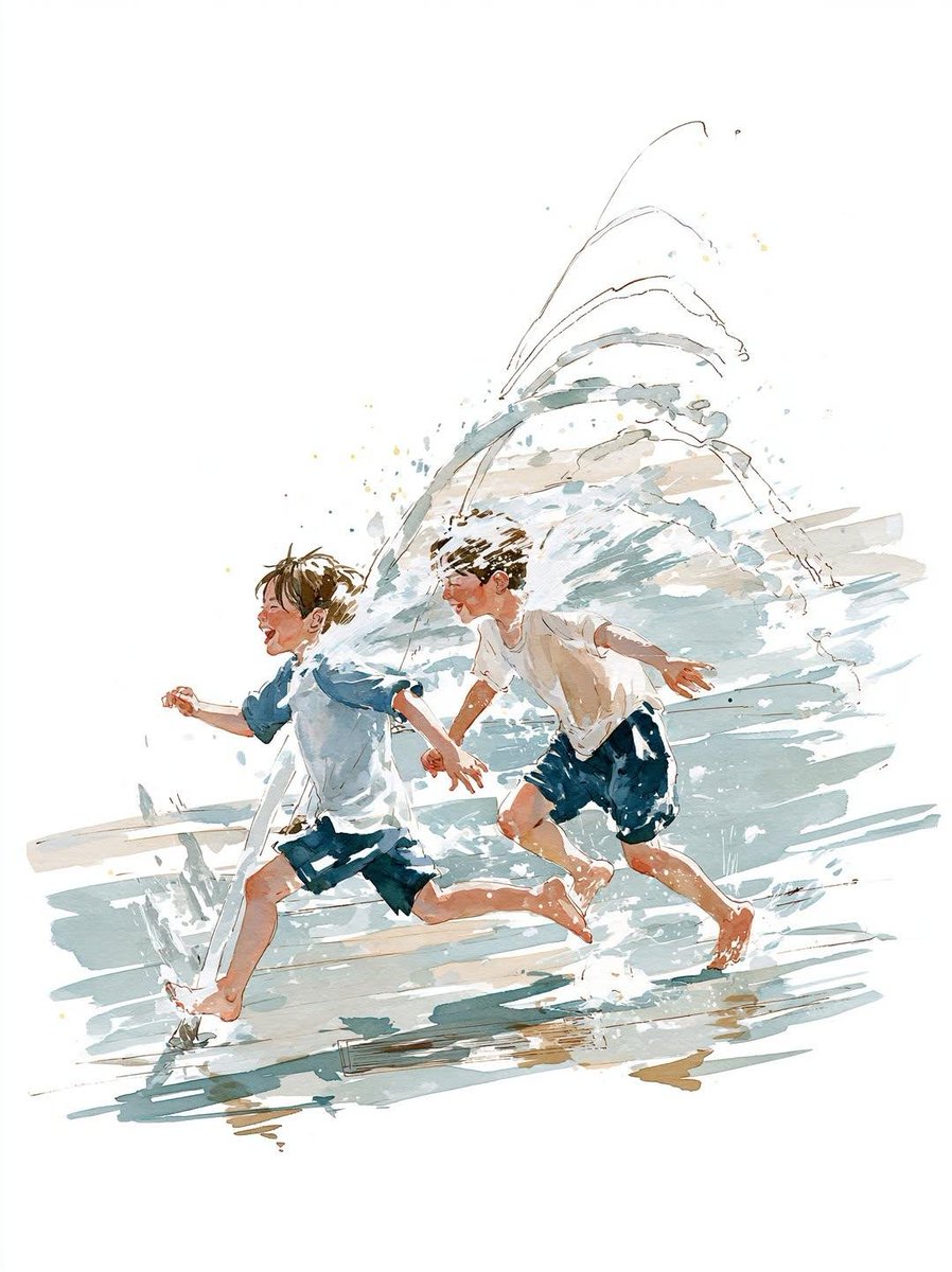 A boy walks through a fountain tunnel on a summer day.