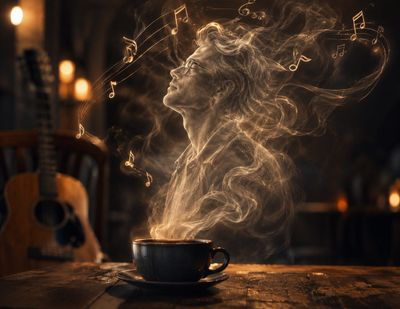 Coffee steam forms a musician's face in a warm café