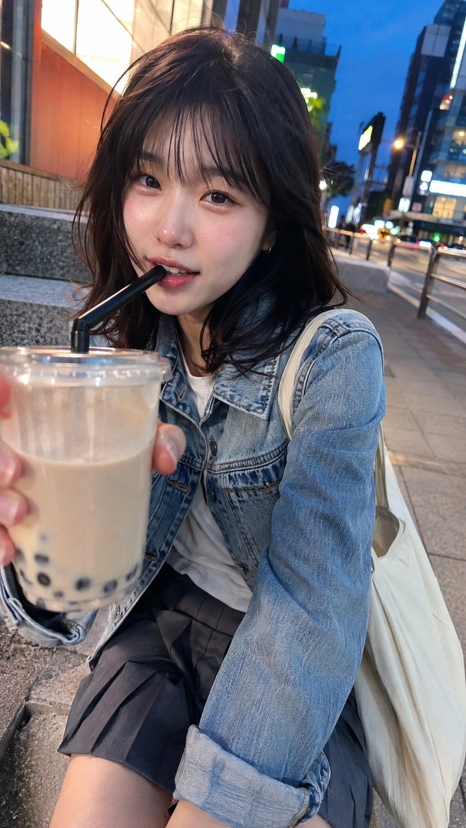 A young woman in Seoul holds boba tea close to the camera lens.