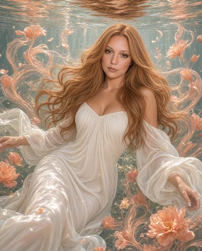 Woman floats underwater in ivory dress amid peach blossoms