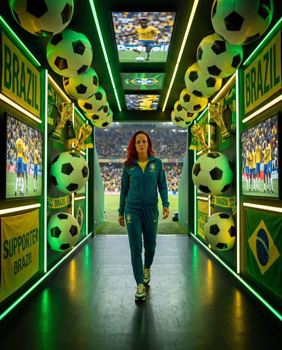 A player strides through a tunnel of floating soccer trophies