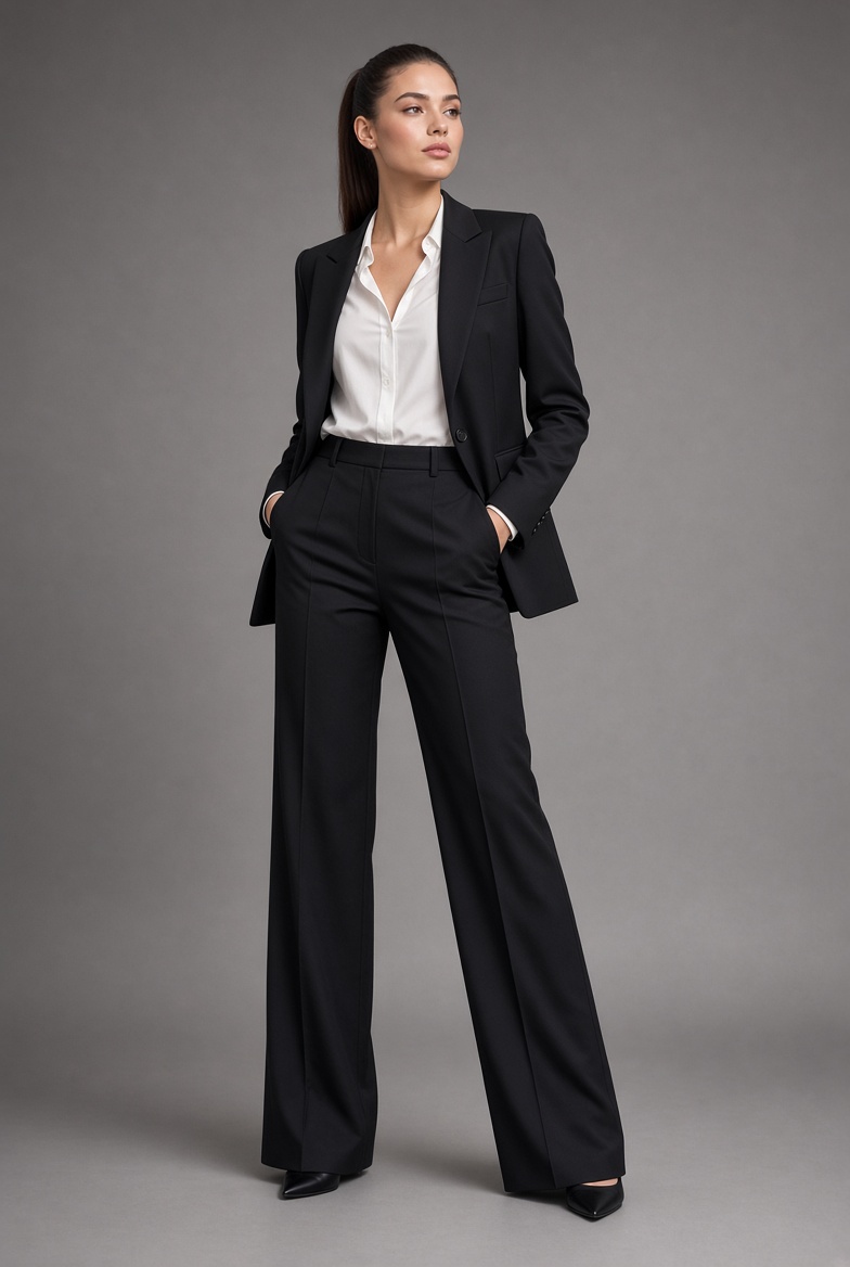 Confident woman in black pantsuit poses in high-key studio portrait