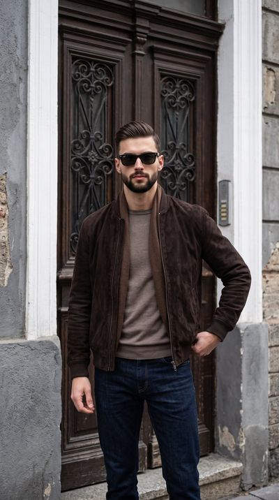 Sunglasses model in suede jacket stands before wrought iron door