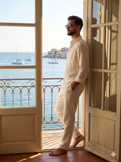 A man with a quiff and beard leans against weathered French doors