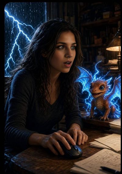 Amazed woman with baby dragon watches lightning strike at desk
