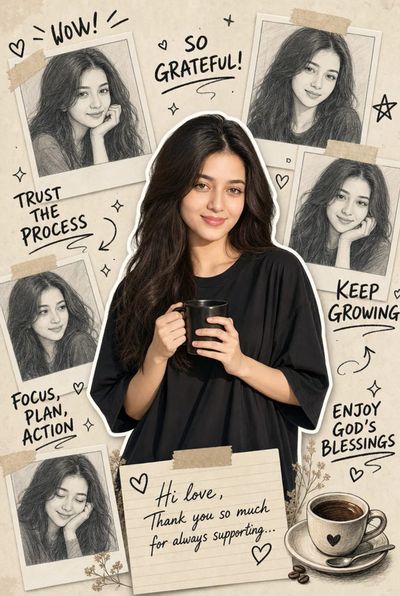 Korean girl with coffee mug surrounded by doodle art and polaroids