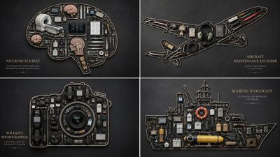 Four crazy professions arranged in elegant 2x2 grid packing