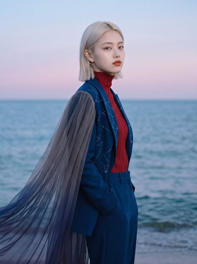 Tailored Marine Suit Meets Flowing Tulle on Coastal Horizon