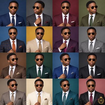 A stylish man models sixteen tailored suits in a luxurious grid.