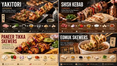 A 2x2 grid of four stick foods from worldwide cuisines