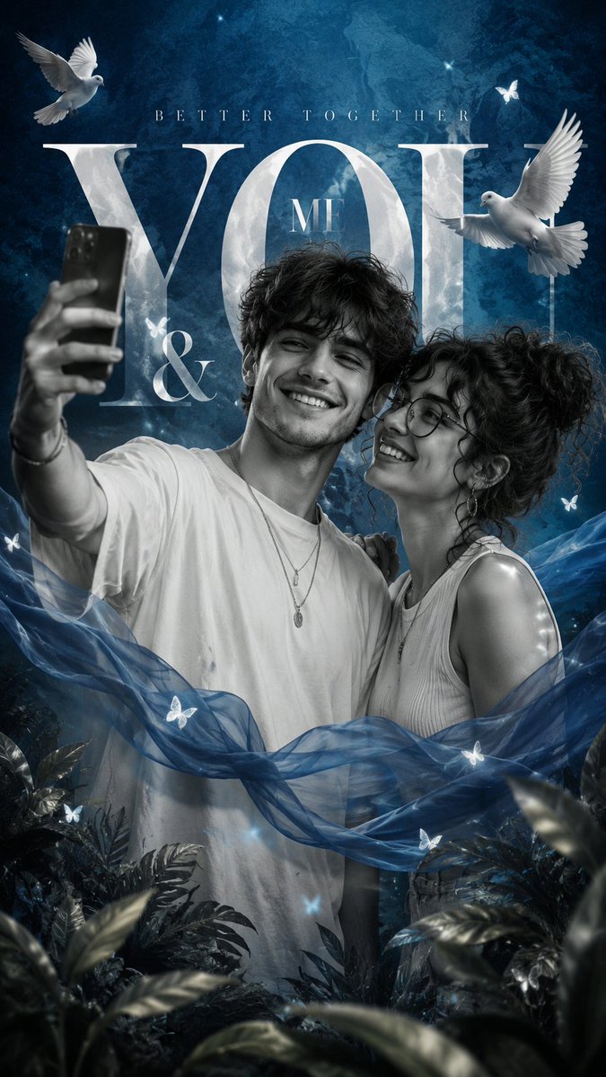A happy couple shares a selfie amid flowing blue silk ribbons