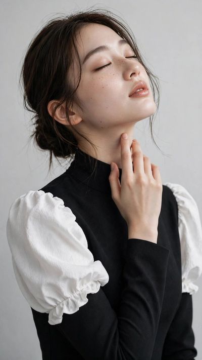 Serene East Asian Woman Poses in Elegant Studio Portrait