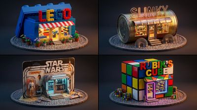 Miniature toy storefronts glow on cobblestone plinths at dusk