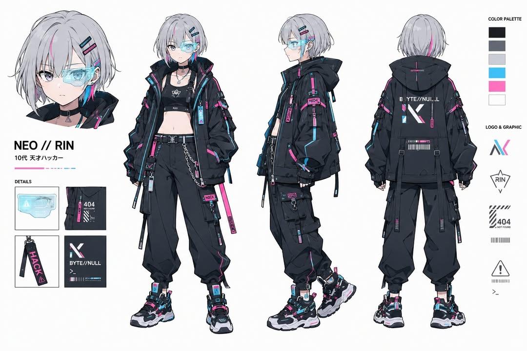 Neo Rin poses in a cyberpunk character sheet with holographic gear.