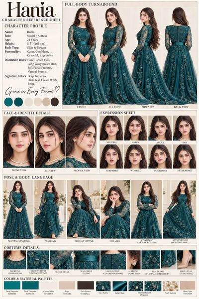 Elegant Model Seerat Shines in Turquoise Gown Character Sheet