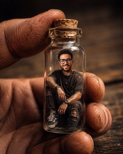 Miniature man trapped inside glass bottle held by giant weathered fingers
