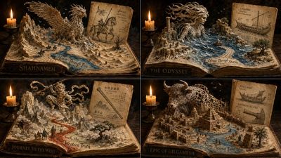 A Shahnameh epic unfolds through paper folded into a mythical biome