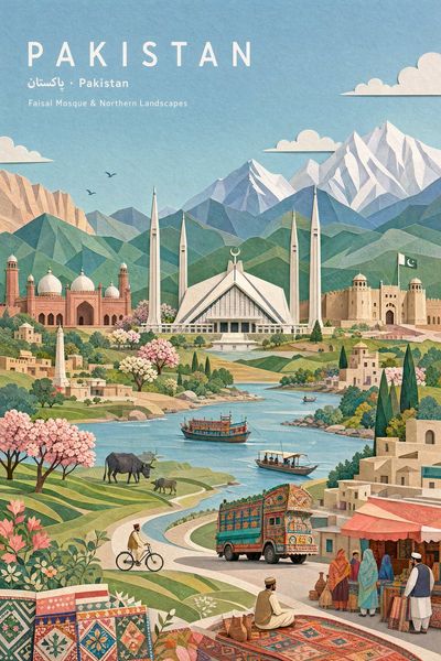 Faisal Mosque rises above layered pastel hills in Pakistan
