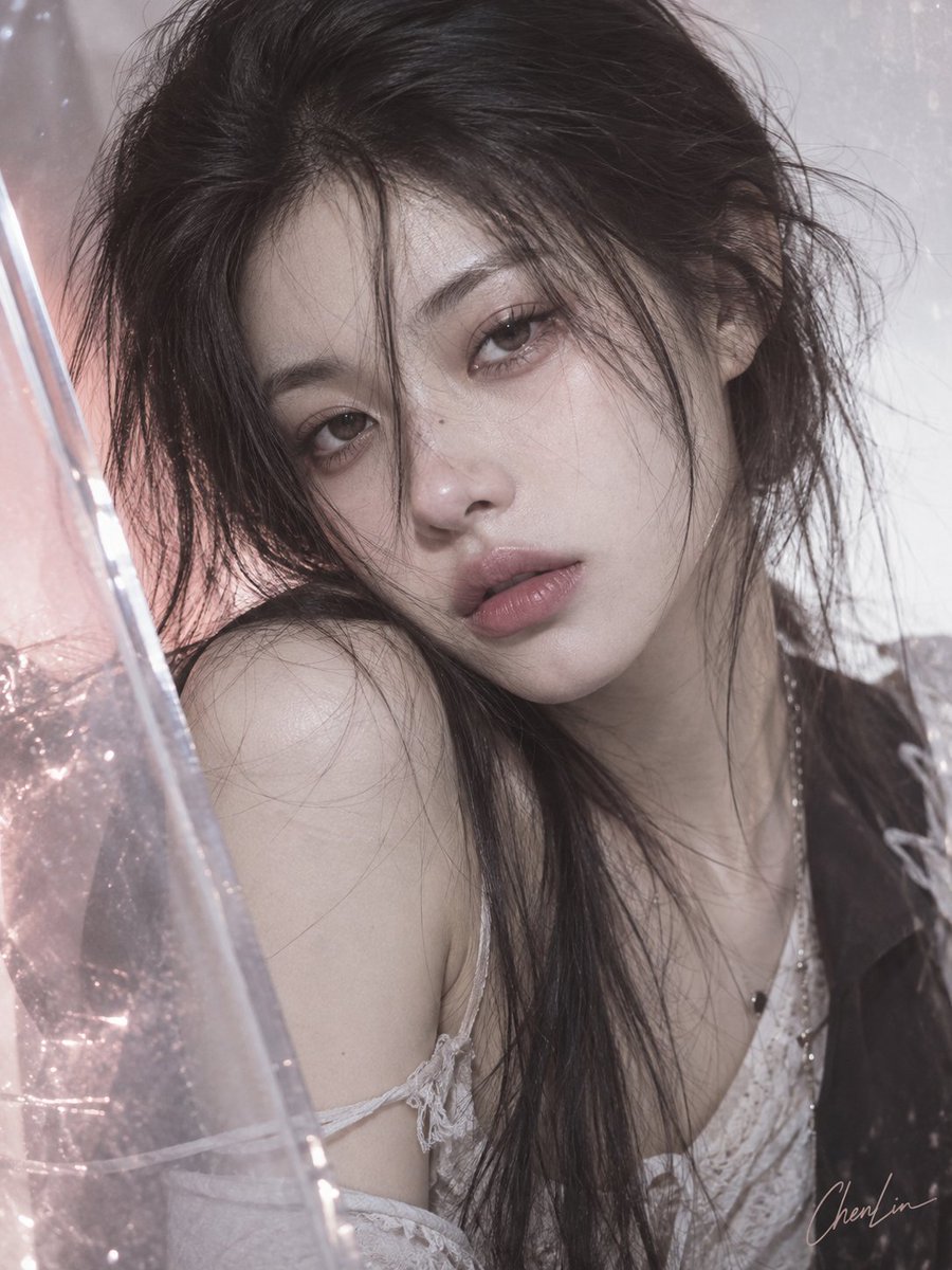 Hair veils half her face in soft candid editorial style
