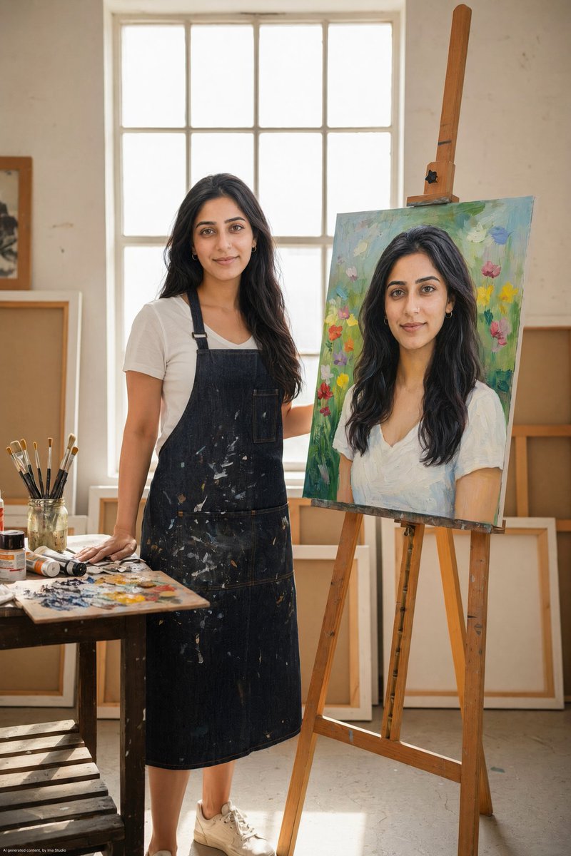Young artist smiles beside her wildflower self-portrait in bright studio