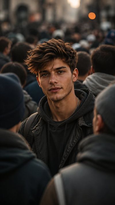 A young woman in a beanie stands out from the blurry crowd