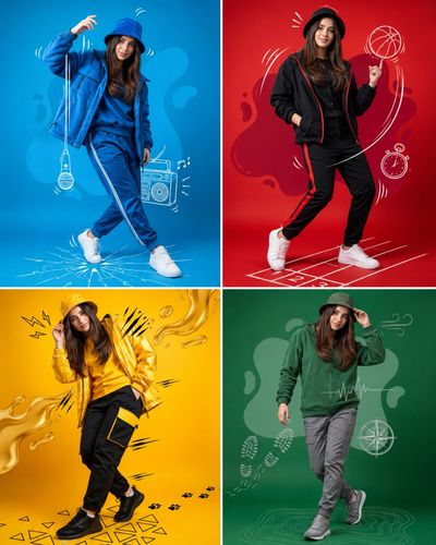 A model strikes four colorful poses in a sportswear campaign