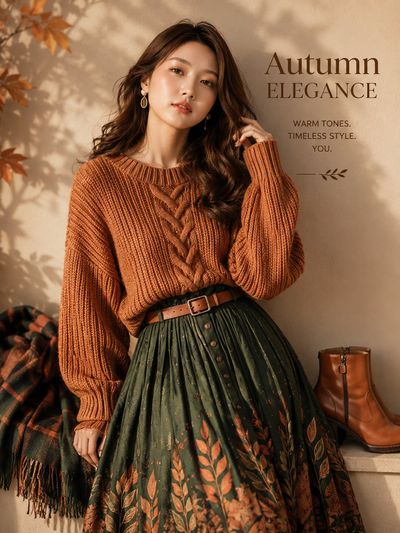East Asian model poses in burnt-orange knit against beige wall