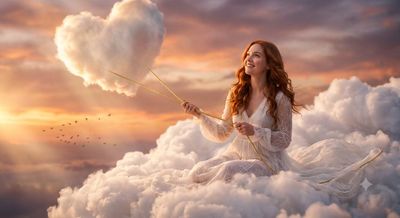 A woman pulls a heart-shaped cloud balloon at sunset