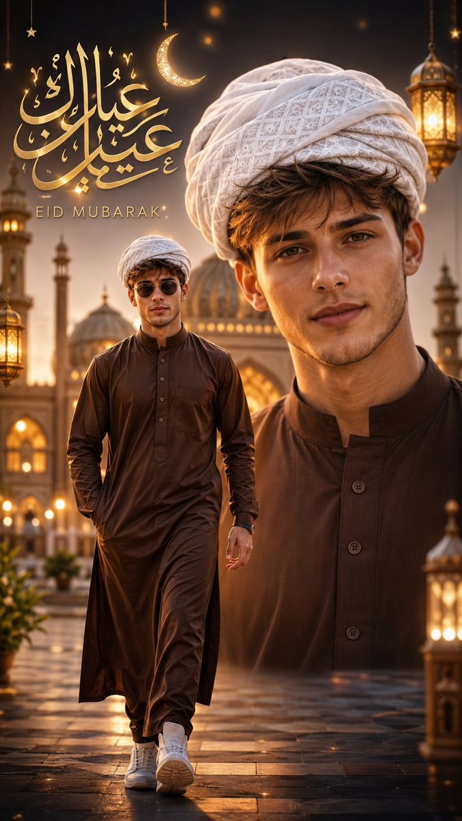 Young man in Arabic jubbah walks forward with mosque backdrop