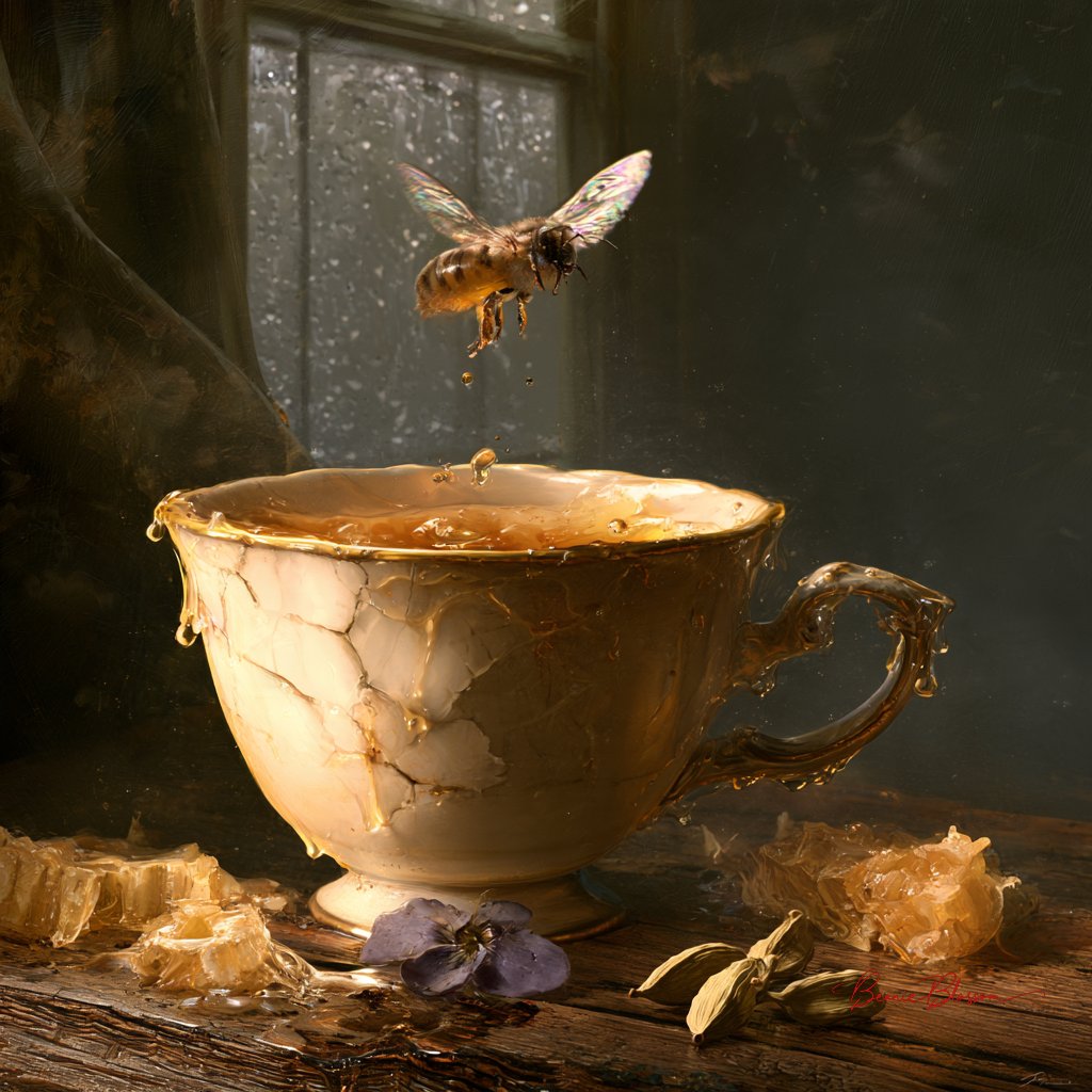 Honeybee hovers above cracked porcelain teacup in Dutch still life