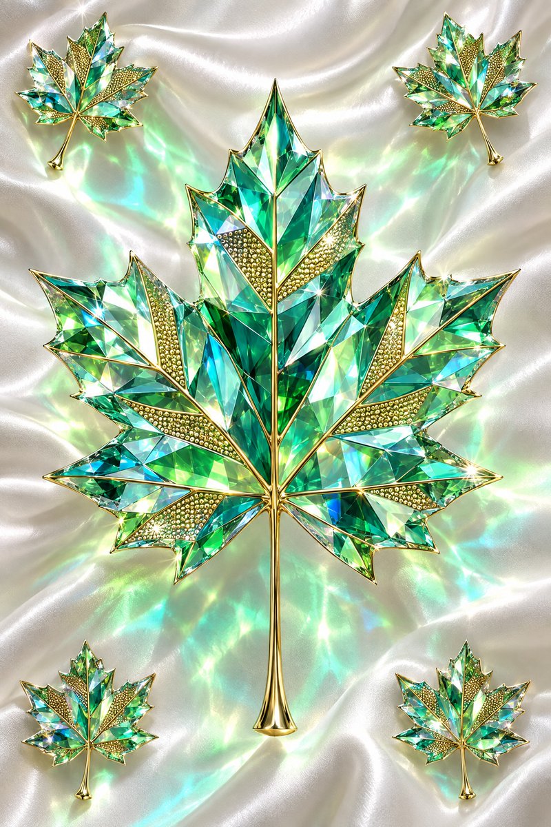 Glossy Sapphire Maple Leaf Glows on White Satin Silk