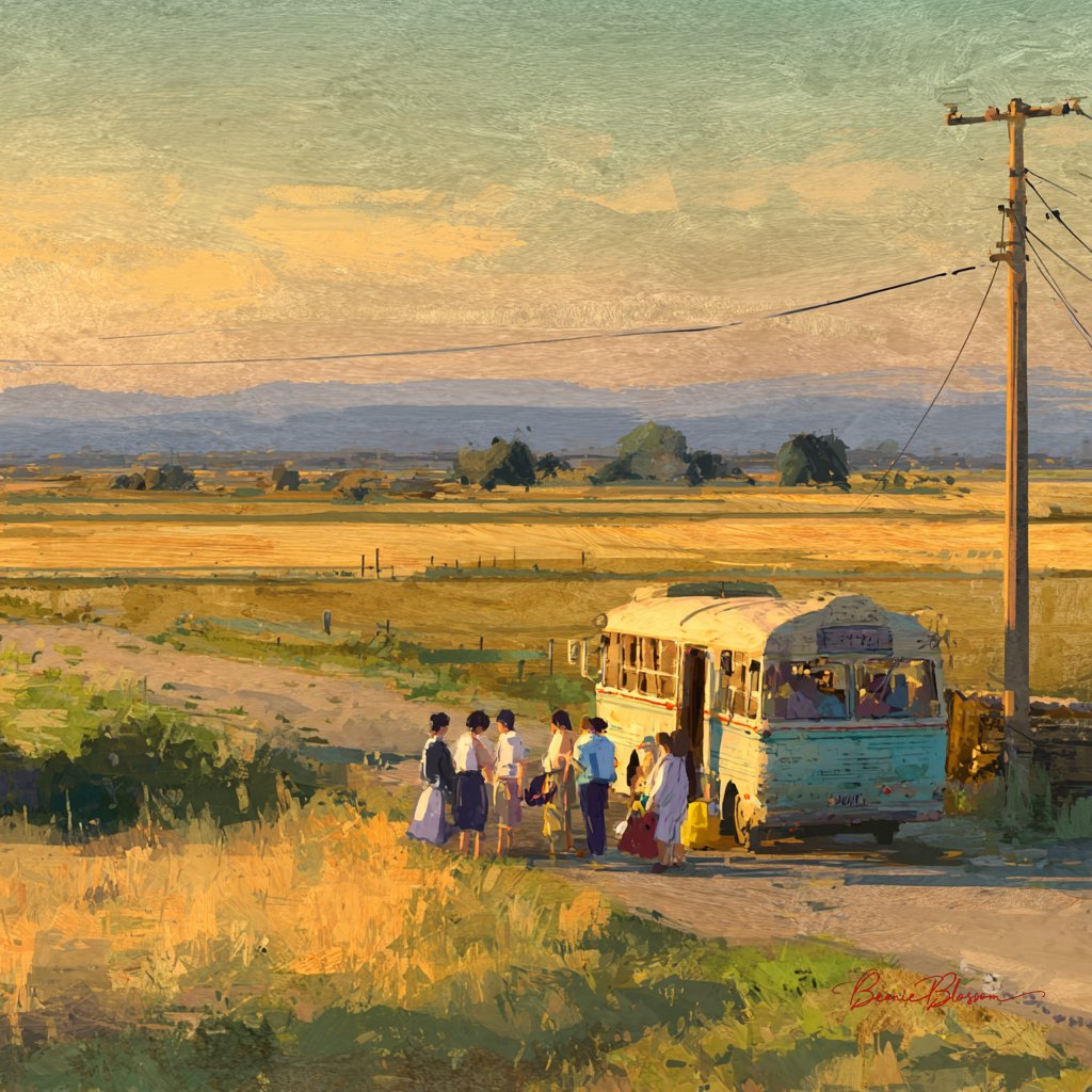 Rural Bus Stop: A Quiet Exchange Under Warm Light
