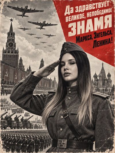 Soviet WWII propaganda photomontage with red triangle and saluting soldier