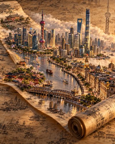 Miniature world rises from parchment scroll on blueprint surface