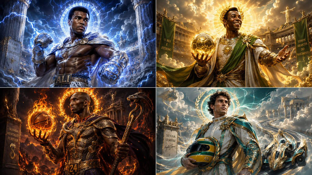 Deified athletes sit on Mount Olympus thrones in celestial light