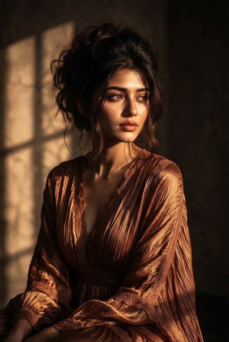 South Asian Woman in Bronze Gown Bathed in Golden Hour Light