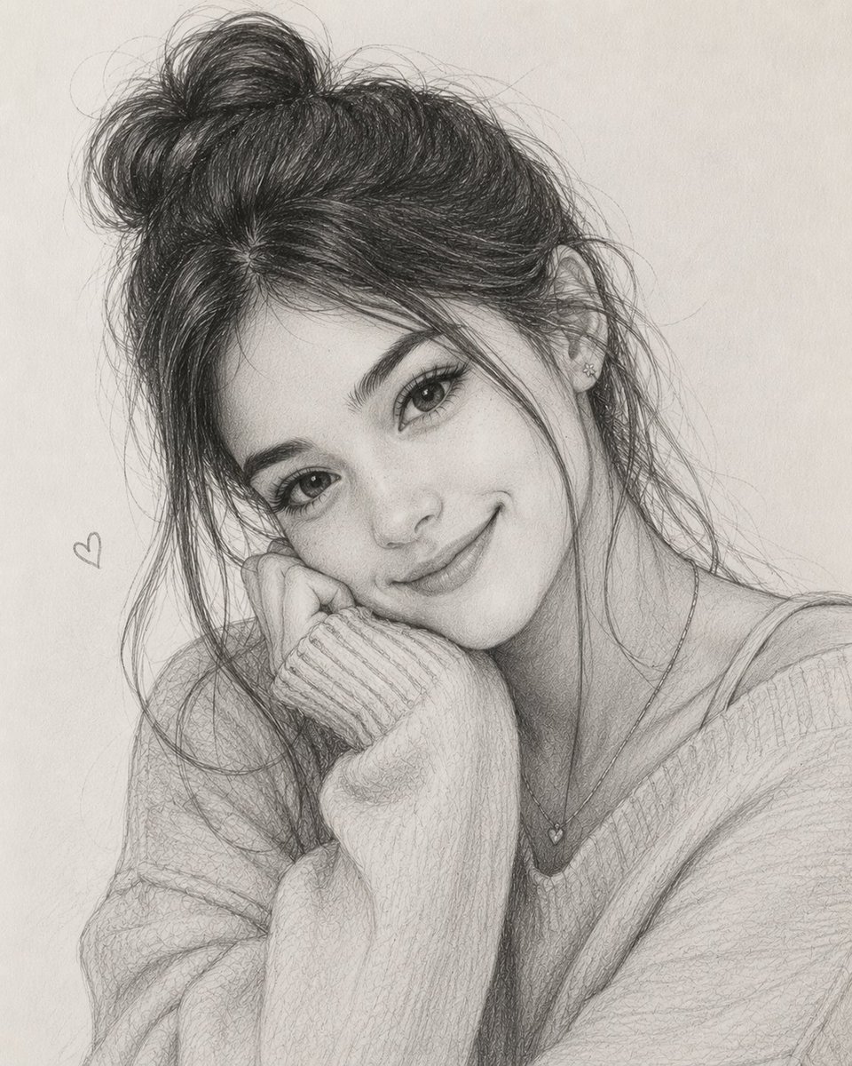 Young woman with messy bun smiles gently in a pencil sketch