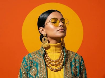South Asian woman in yellow turtleneck and ornate jacket gazes upward