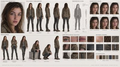 Character model sheet shows five turnaround views on neutral studio backdrop