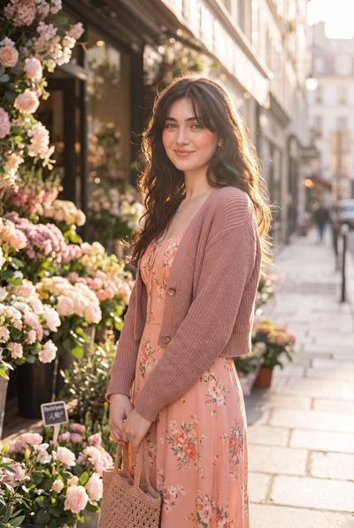 Asian woman smiles at flower shop during golden hour