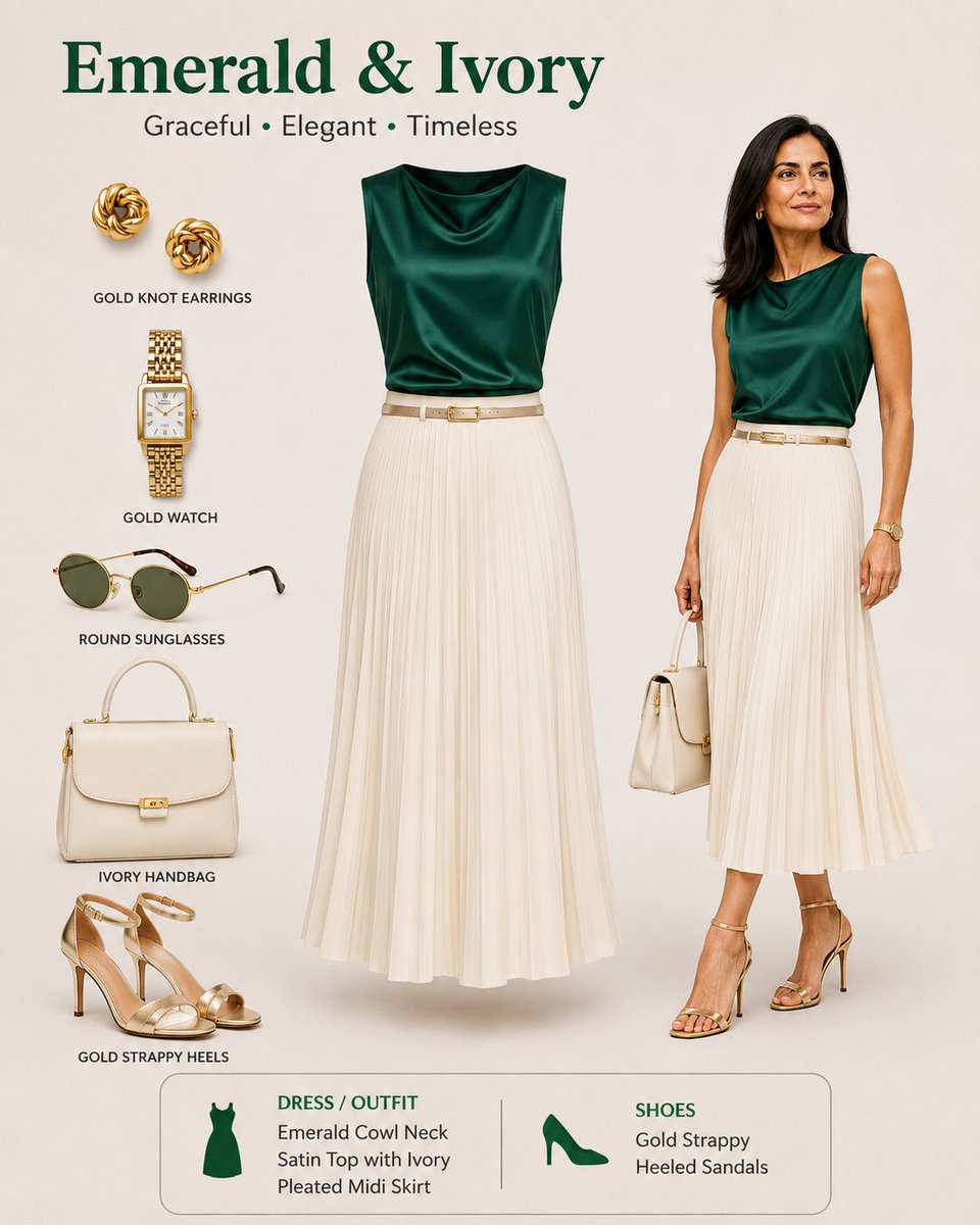 An elegant model displays a cream outfit with gold accessories
