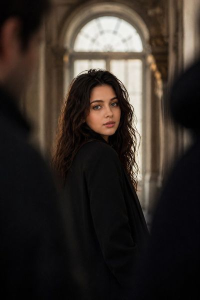 A woman in a black coat pauses in a grand historic hall.