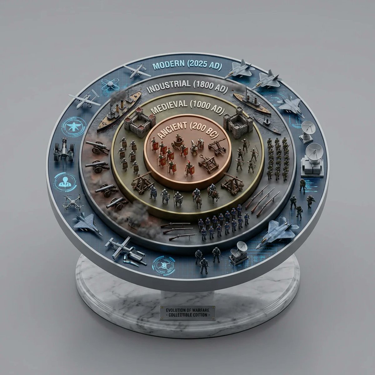 Timeless Evolution of Warfare in 3D Concentric Rings