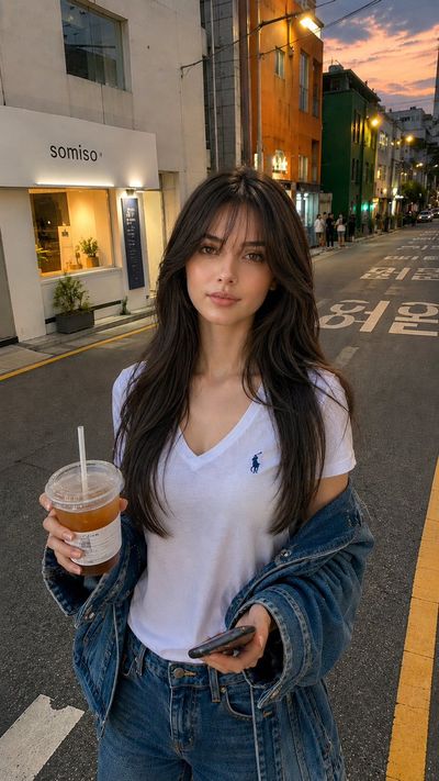 Korean girl with see-through bangs poses in golden hour light