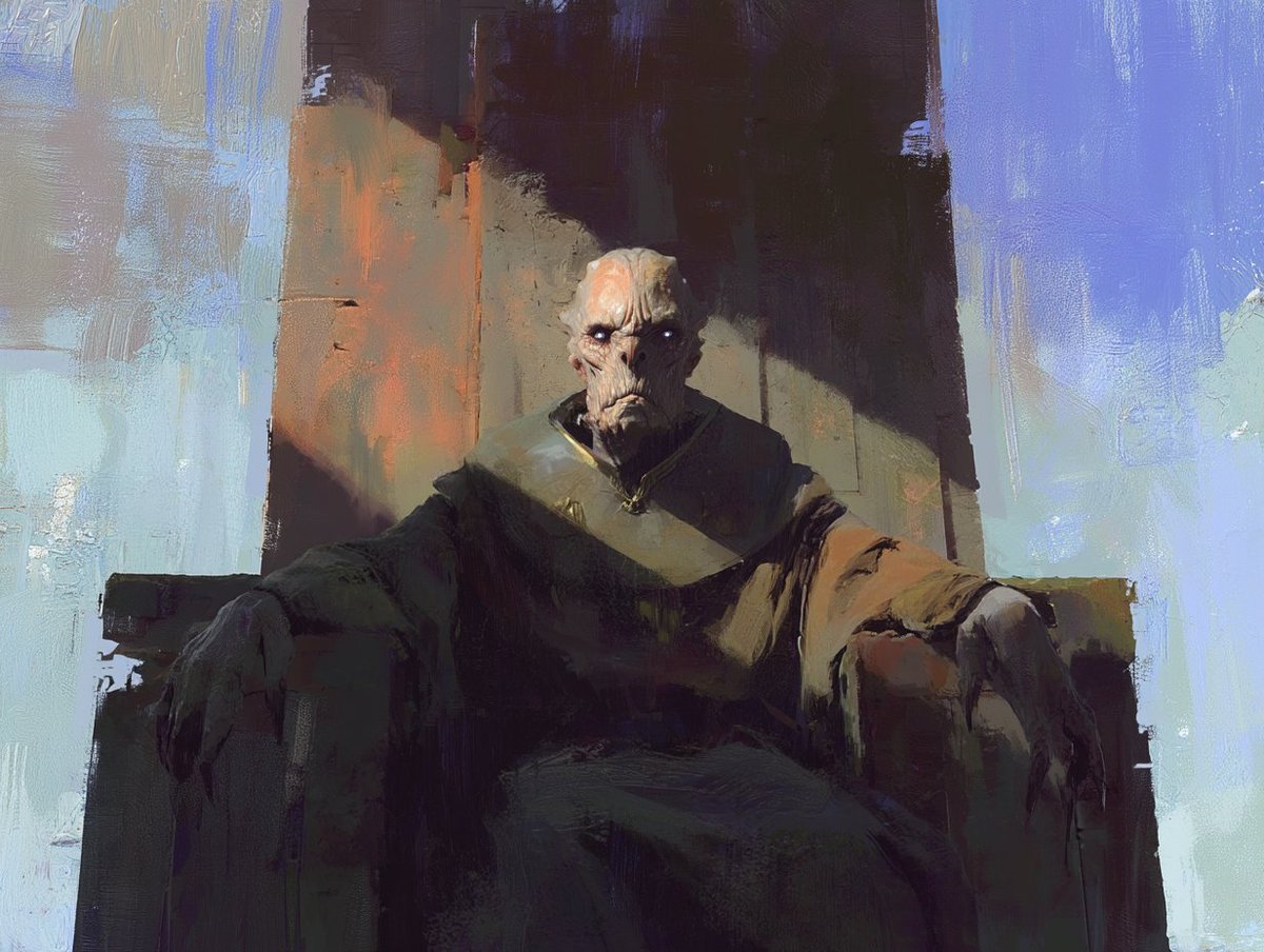 Ancient Alien Elder on Monumental Throne Amid Ruined Temple