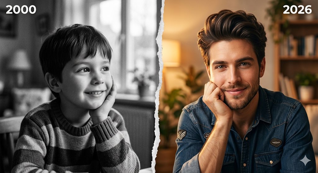 A nostalgic boy transforms into a confident man across time