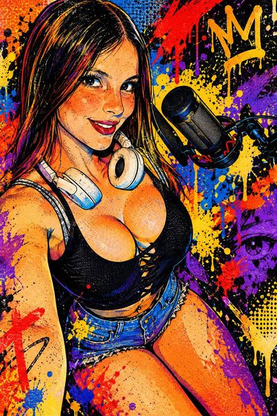 High-contrast digital portrait bursts with paint splatters and bold ink drips