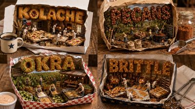 A rustic Texas snack crate reveals pickled okra and vibrant miniature farmland