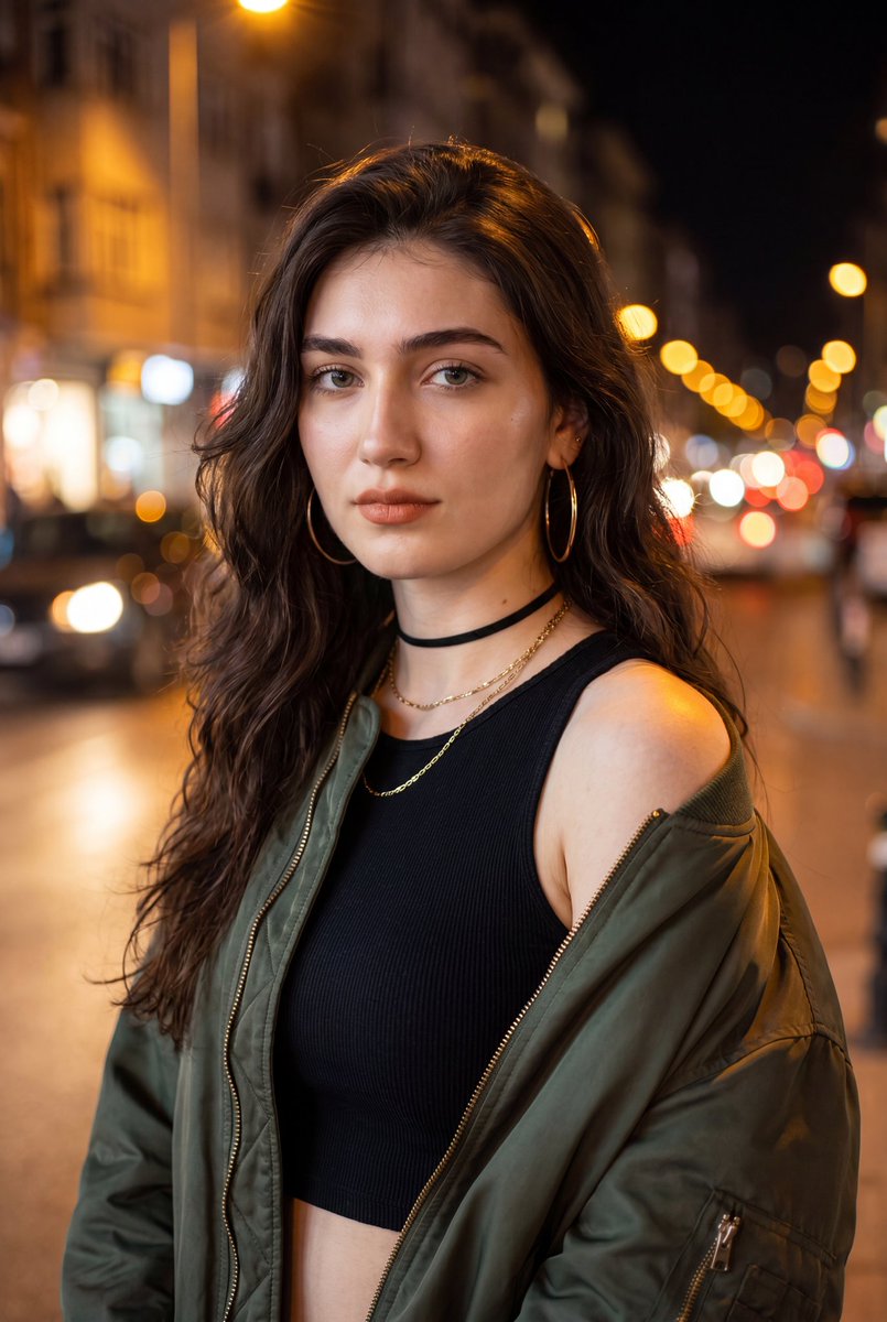 A confident woman in a bomber jacket poses under warm streetlights.