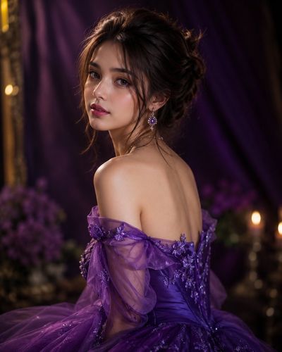 A regal woman in a deep purple gown poses gracefully.